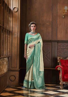 Beige silk blend saree with unstitched blouse piece 1