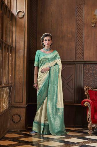 Beige silk blend saree with unstitched blouse piece