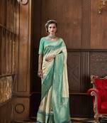 Beige silk blend saree with unstitched blouse piece