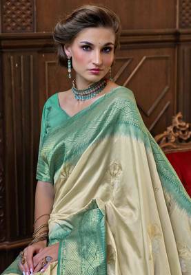 Beige silk blend saree with unstitched blouse piece 2