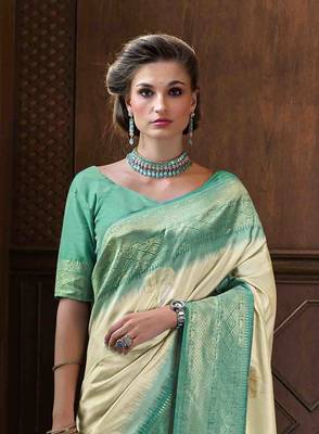 Beige silk blend saree with unstitched blouse piece 4