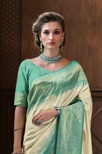Beige silk blend saree with unstitched blouse piece