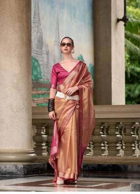 Rust tissue silk blend saree with unstitched tissue blouse piece 1