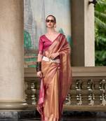 Rust tissue silk blend saree with unstitched tissue blouse piece