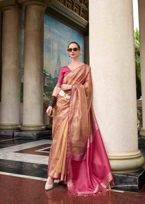 Rust tissue silk blend saree with unstitched tissue blouse piece 2