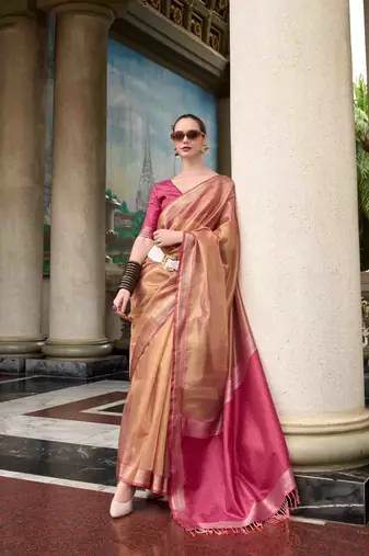 Rust tissue silk blend saree with unstitched tissue blouse piece
