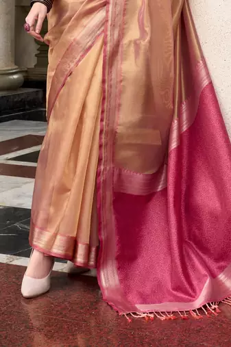 Rust tissue silk blend saree with unstitched tissue blouse piece