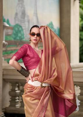Rust tissue silk blend saree with unstitched tissue blouse piece 4