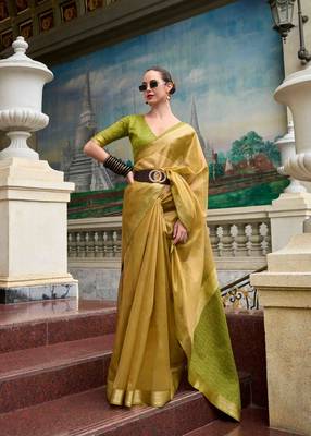 Mustard tissue silk blend saree with unstitched tissue blouse piece 1