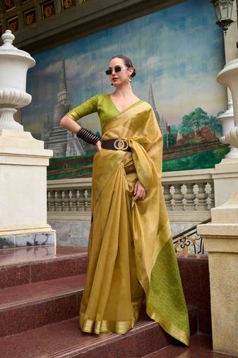 Mustard tissue silk blend saree with unstitched tissue blouse piece