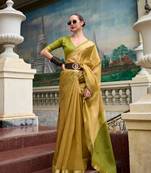 Mustard tissue silk blend saree with unstitched tissue blouse piece
