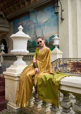 Mustard tissue silk blend saree with unstitched tissue blouse piece 2