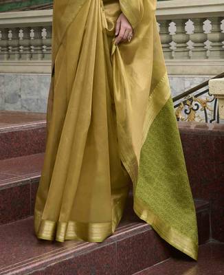 Mustard tissue silk blend saree with unstitched tissue blouse piece 3