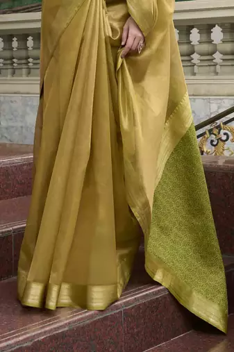 Mustard tissue silk blend saree with unstitched tissue blouse piece