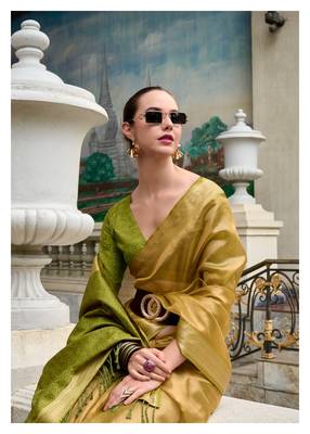 Mustard tissue silk blend saree with unstitched tissue blouse piece 4