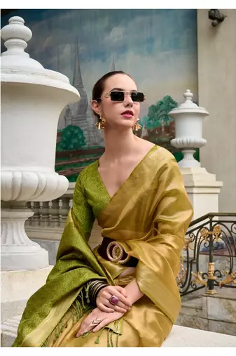 Mustard tissue silk blend saree with unstitched tissue blouse piece
