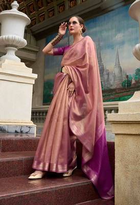 Peach tissue silk blend saree with unstitched tissue blouse piece 1
