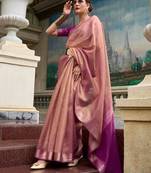 Peach tissue silk blend saree with unstitched tissue blouse piece