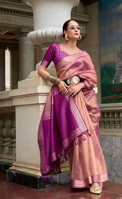 Peach tissue silk blend saree with unstitched tissue blouse piece 2