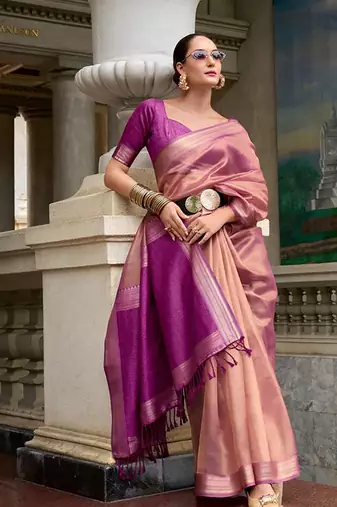 Peach tissue silk blend saree with unstitched tissue blouse piece