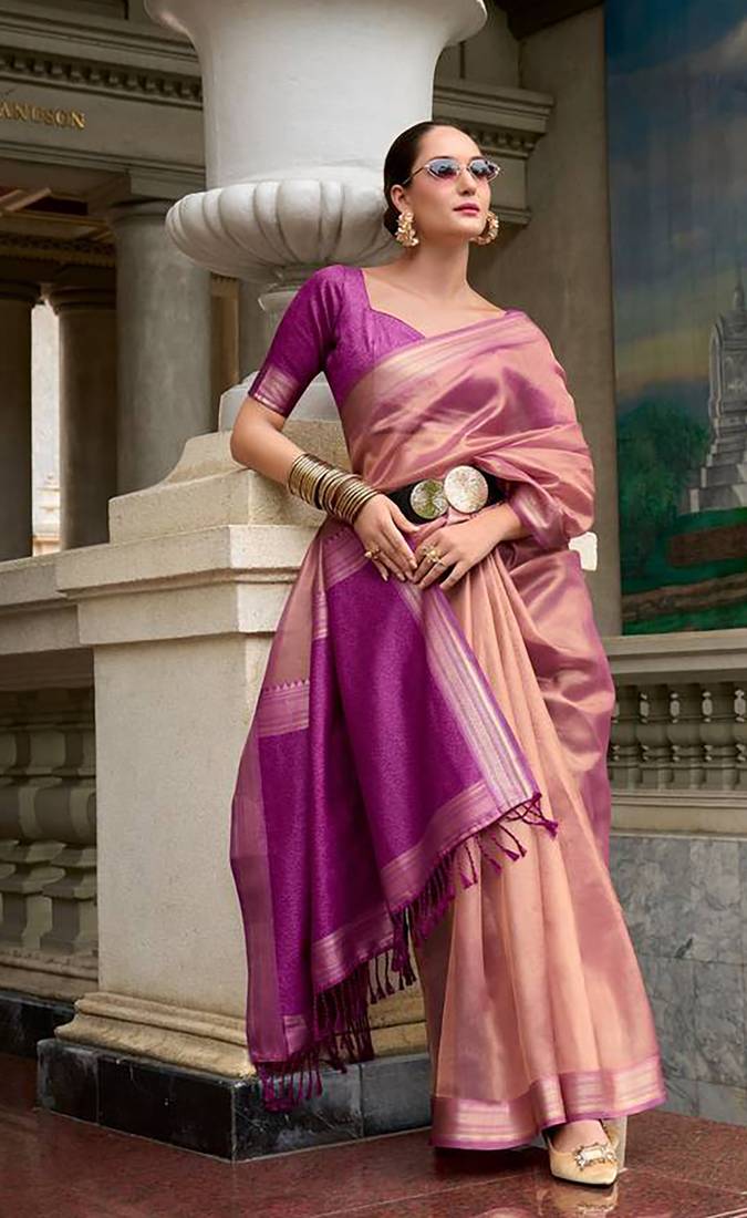 Peach tissue silk blend saree with unstitched tissue blouse piece