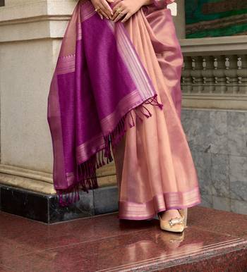Peach tissue silk blend saree with unstitched tissue blouse piece 3
