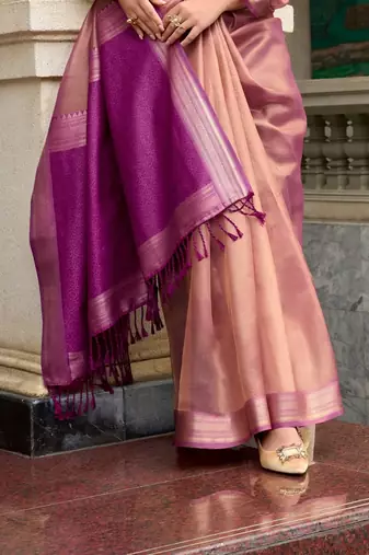 Peach tissue silk blend saree with unstitched tissue blouse piece