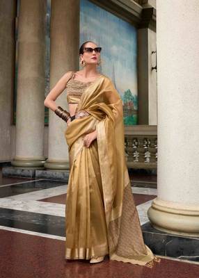 Chiku tissue silk blend saree with unstitched tissue blouse piece 1