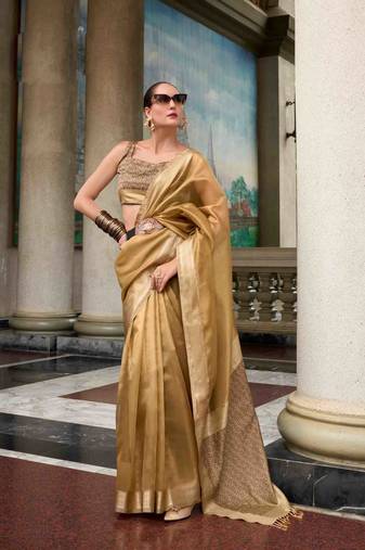 Chiku tissue silk blend saree with unstitched tissue blouse piece