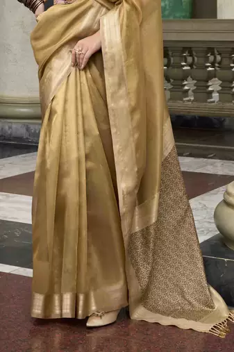 Chiku tissue silk blend saree with unstitched tissue blouse piece