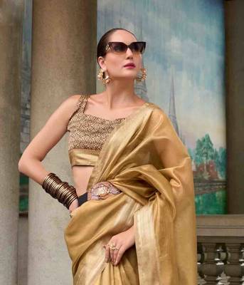 Chiku tissue silk blend saree with unstitched tissue blouse piece 4