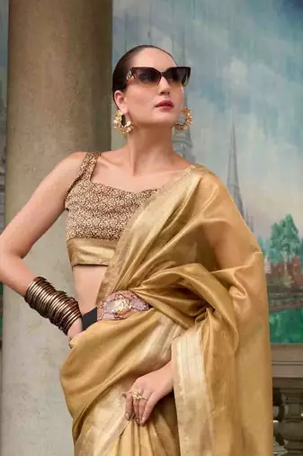 Chiku tissue silk blend saree with unstitched tissue blouse piece