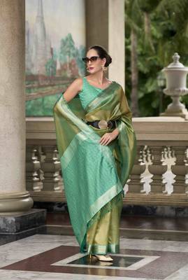 Mehndi tissue silk blend saree with unstitched tissue blouse piece 1