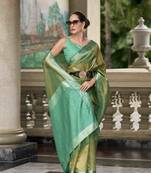 Mehndi tissue silk blend saree with unstitched tissue blouse piece