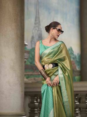 Mehndi tissue silk blend saree with unstitched tissue blouse piece 2