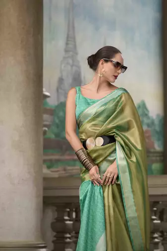 Mehndi tissue silk blend saree with unstitched tissue blouse piece