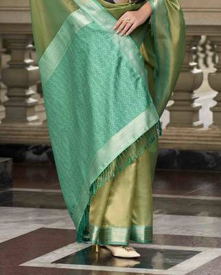 Mehndi tissue silk blend saree with unstitched tissue blouse piece 3