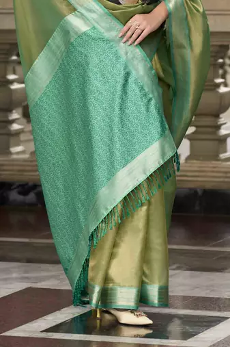 Mehndi tissue silk blend saree with unstitched tissue blouse piece