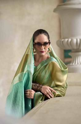 Mehndi tissue silk blend saree with unstitched tissue blouse piece 4