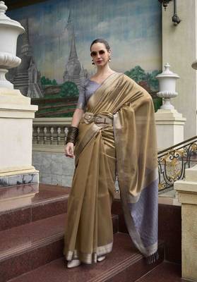 Khaki tissue silk blend saree with unstitched tissue blouse piece 1
