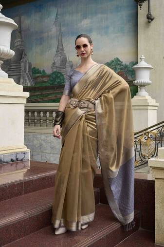 Khaki tissue silk blend saree with unstitched tissue blouse piece