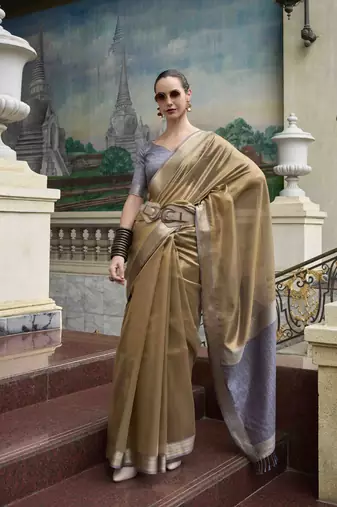 Khaki tissue silk blend saree with unstitched tissue blouse piece