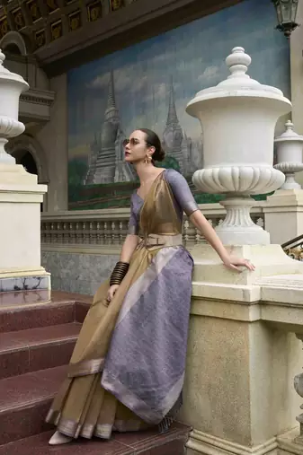 Khaki tissue silk blend saree with unstitched tissue blouse piece
