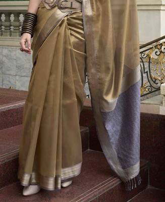 Khaki tissue silk blend saree with unstitched tissue blouse piece 3