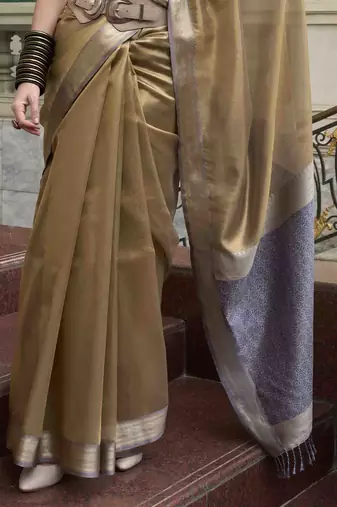 Khaki tissue silk blend saree with unstitched tissue blouse piece