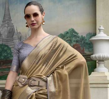 Khaki tissue silk blend saree with unstitched tissue blouse piece 4