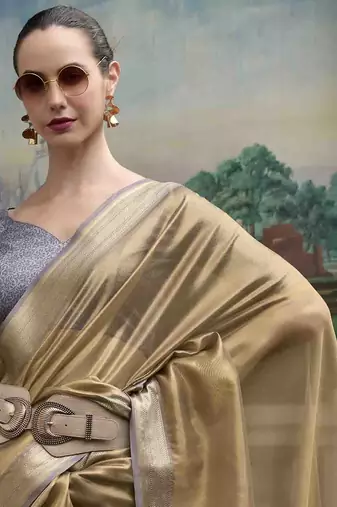 Khaki tissue silk blend saree with unstitched tissue blouse piece
