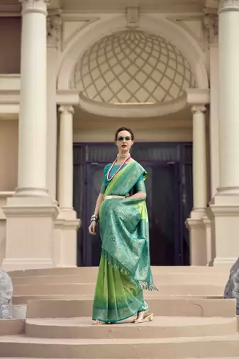 Green silk blend saree with unstitched blouse piece