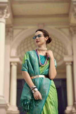 Green silk blend saree with unstitched blouse piece 1