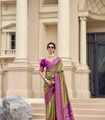 Mehndi silk blend saree with unstitched blouse piece
